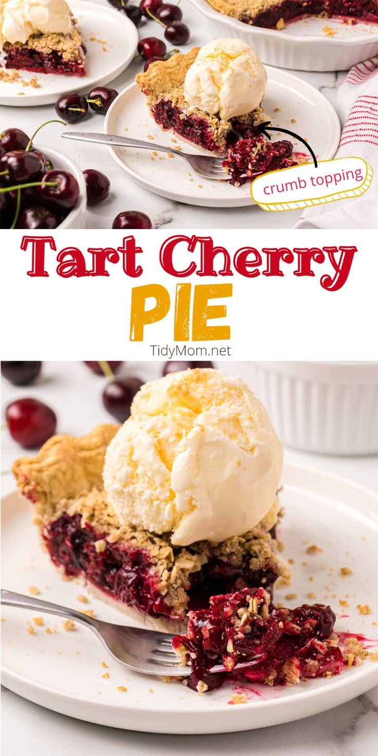 there is a pie with ice cream and cherries on it