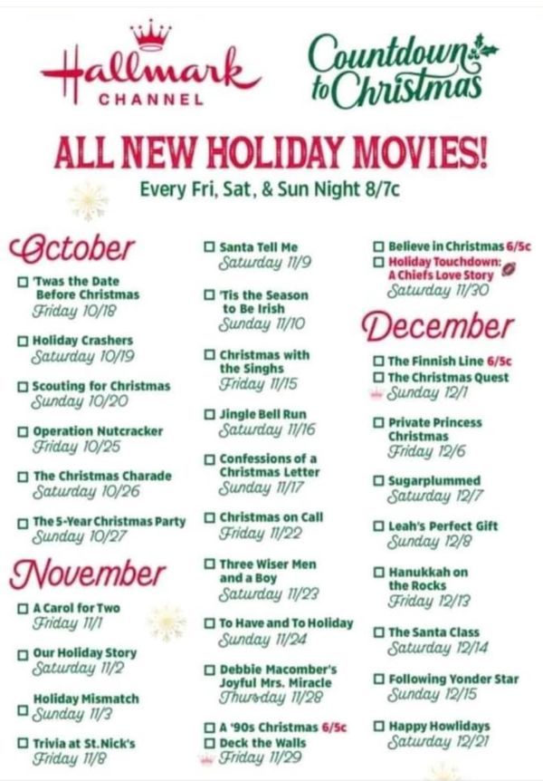 a christmas movie schedule with the names and dates