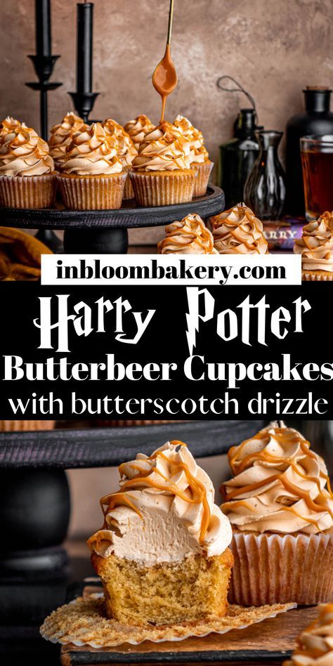 harry potter butterbeer cupcakes with butterscotch drizzle on top