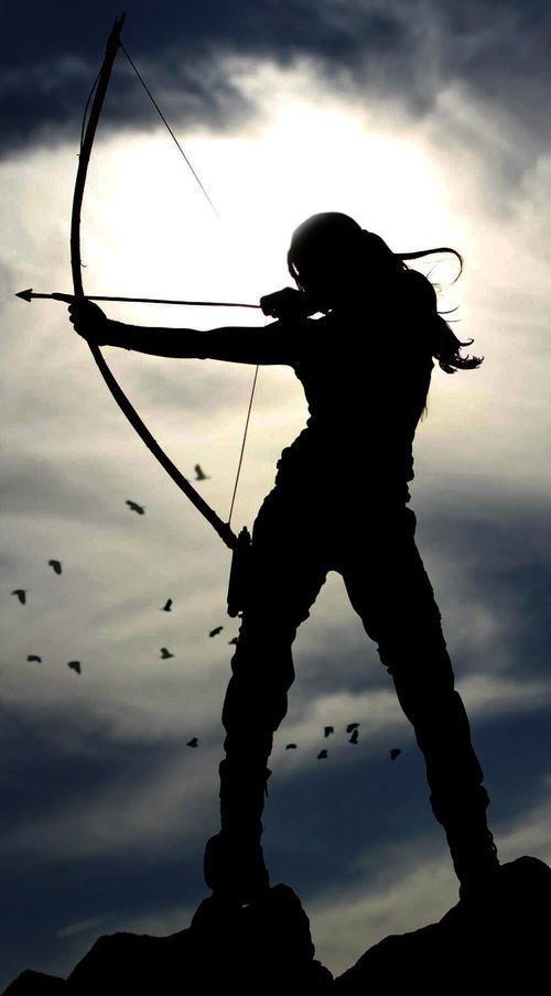 the silhouette of a person with a bow and arrow in front of a cloudy sky