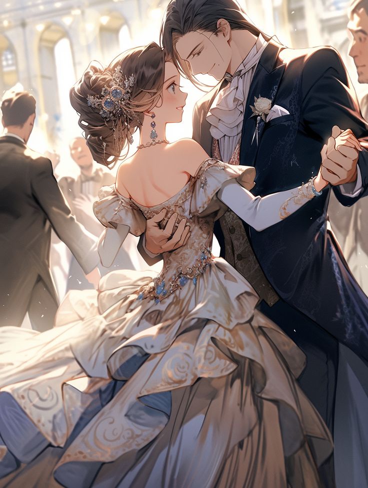 a man and woman dressed in formal clothes dance together as people look on from the background