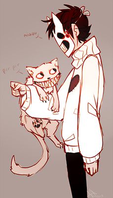 a drawing of a man holding a cat and wearing a mask with his mouth open