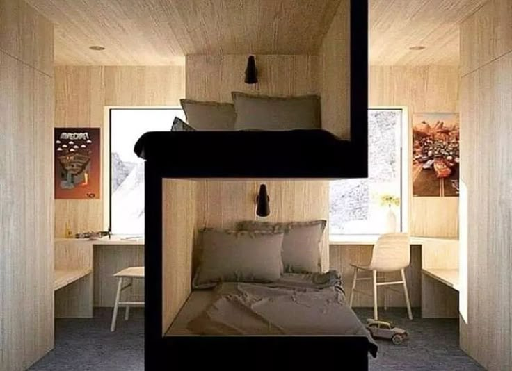 two bunk beds in a small room with blue carpet and white walls on the other side