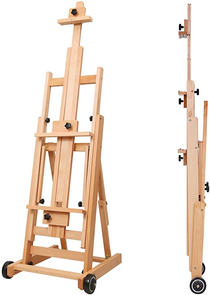 two wooden eases with wheels on each side and one is holding an easel