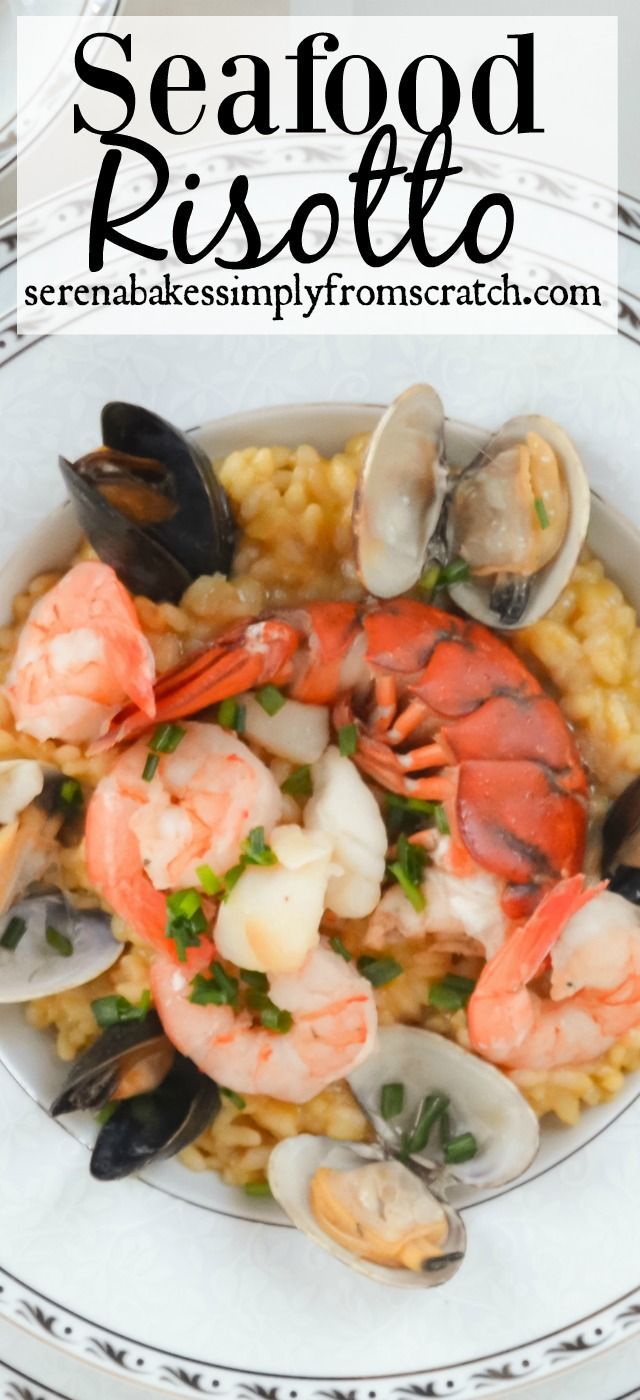 seafood risotto with shrimp and mussels in a white bowl