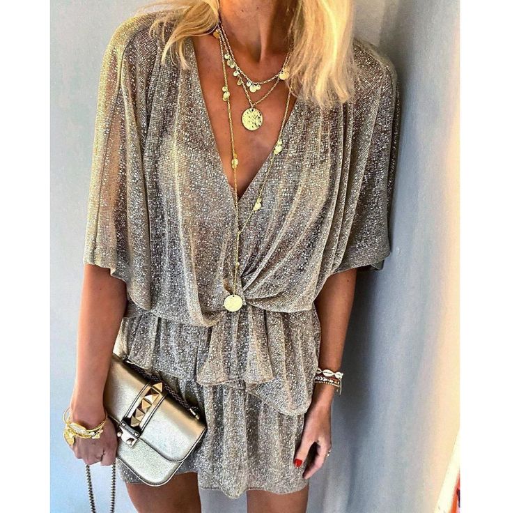 V-neck Shimmer Dress For Summer, Metallic Summer Cocktail Dress, Elegant Shimmer Dress For Summer, Elegant Metallic Summer Dresses, Summer V-neck Shimmer Mini Dress, Summer Cocktail Dress With Shimmer, Silver Shimmer V-neck Mini Dress, Metallic Shimmer Mini Dress For Summer, Silver Summer Dress For Date Night