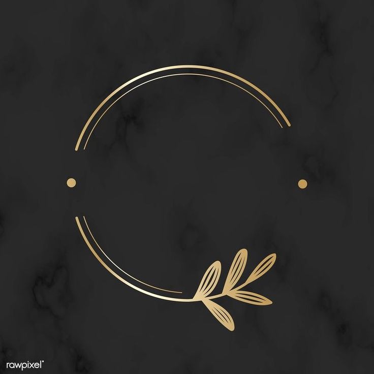 a gold circle frame on a black marble background with an olive branch in the middle