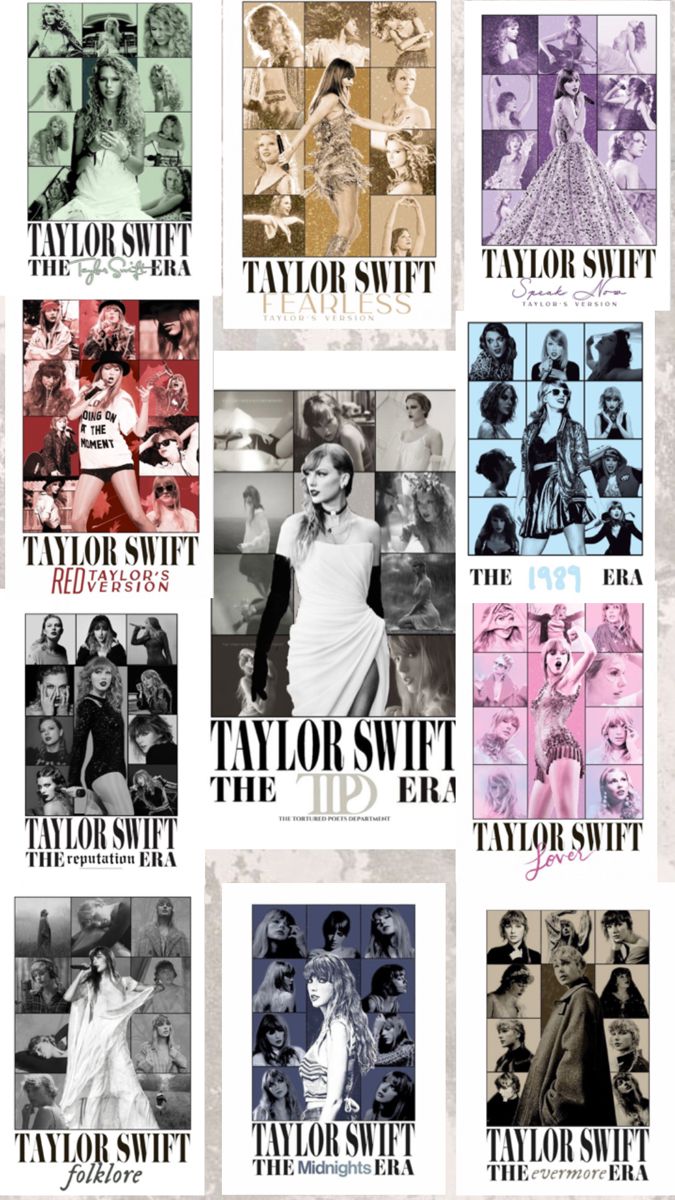 the taylor swift movie poster is shown in multiple different colors and fonts, including one for taylor swift