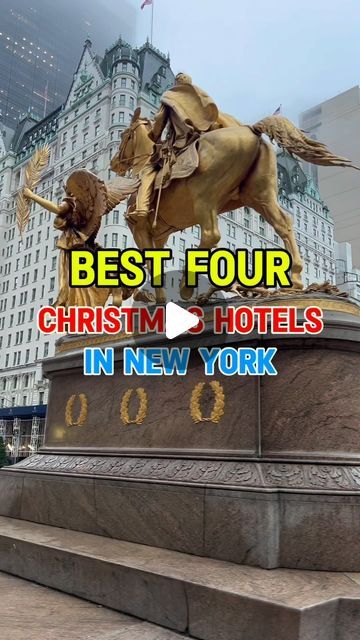 a statue of a man riding a horse with the words best four christmas hotels in new york