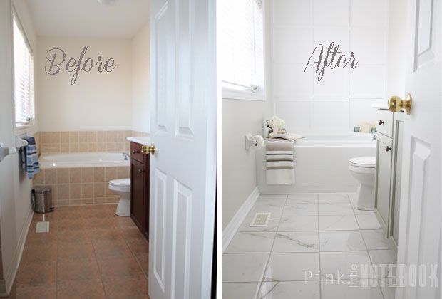 before and after photos of a bathroom remodel with tile flooring, walls painted white