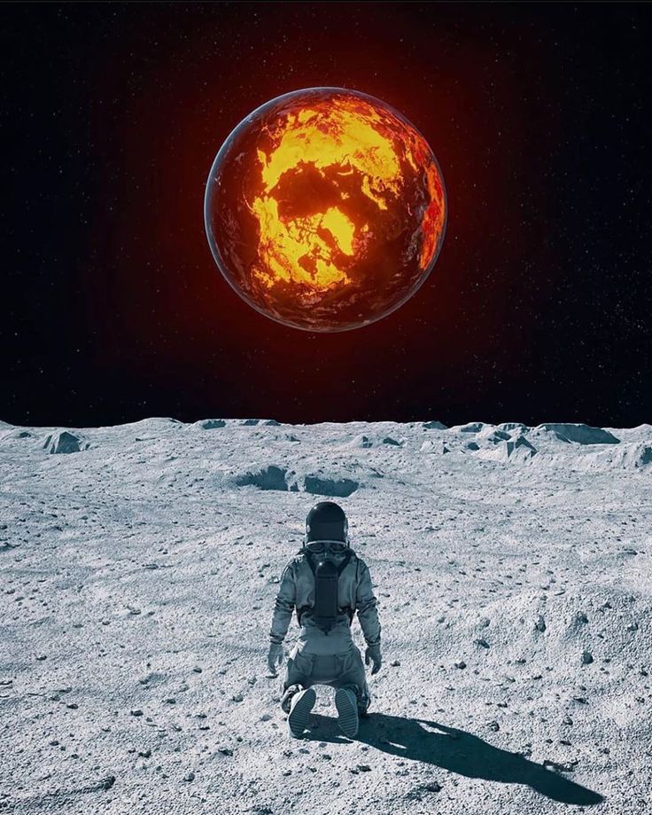 an astronaut walking on the moon next to a red and yellow object in the sky