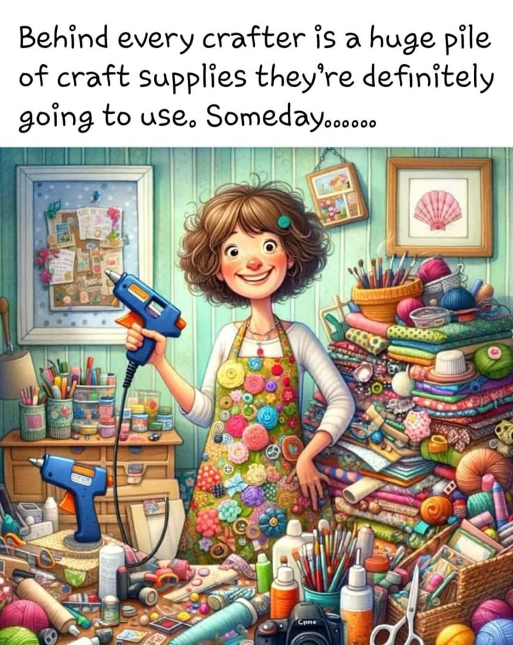 a woman in an art room with lots of craft supplies on the floor and a quote about sewing