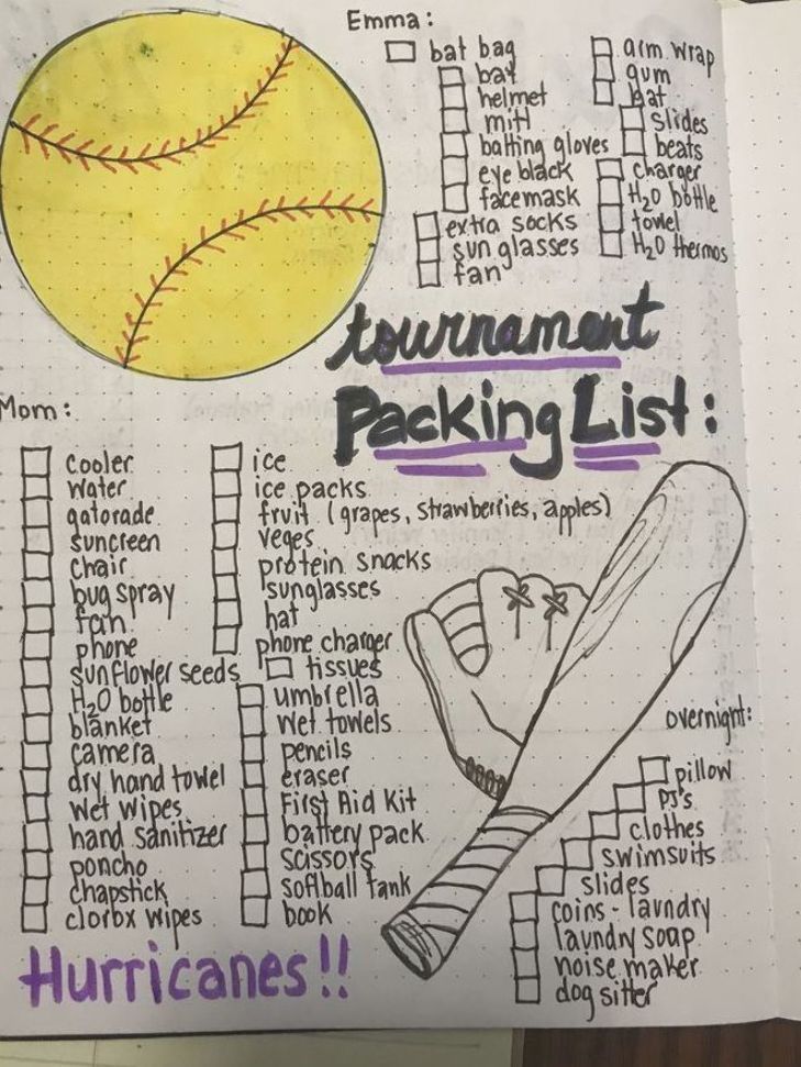 a hand drawn sketch of a baseball and the words tournament packing list written on it