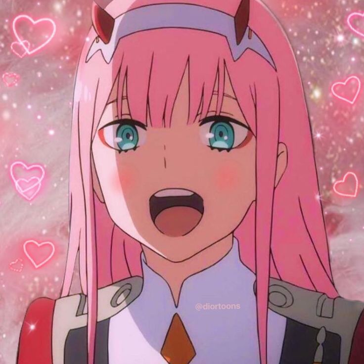 an anime character with pink hair and blue eyes