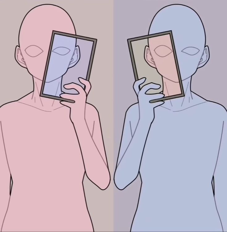 two people are looking at their own faces in the mirror and one is holding an electronic device