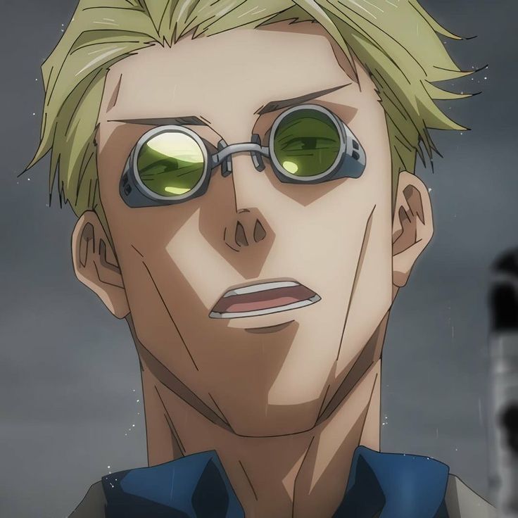 an anime character with green glasses staring at the camera