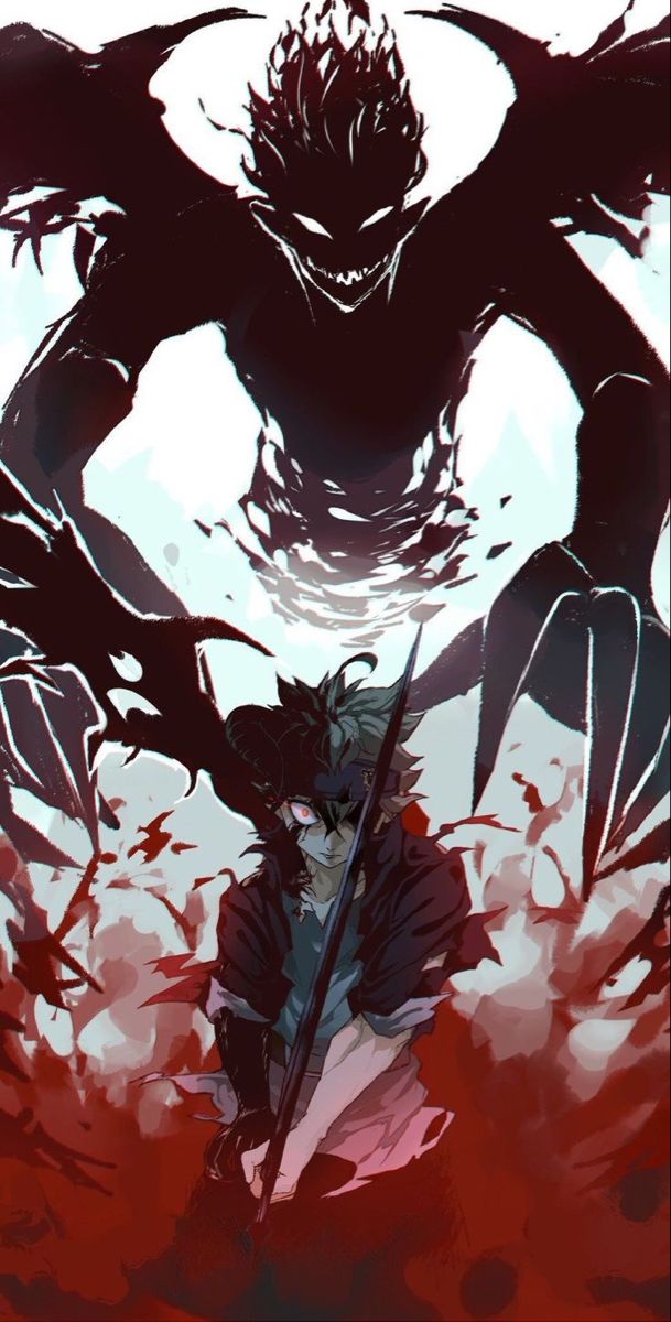 an anime character standing in front of a demon