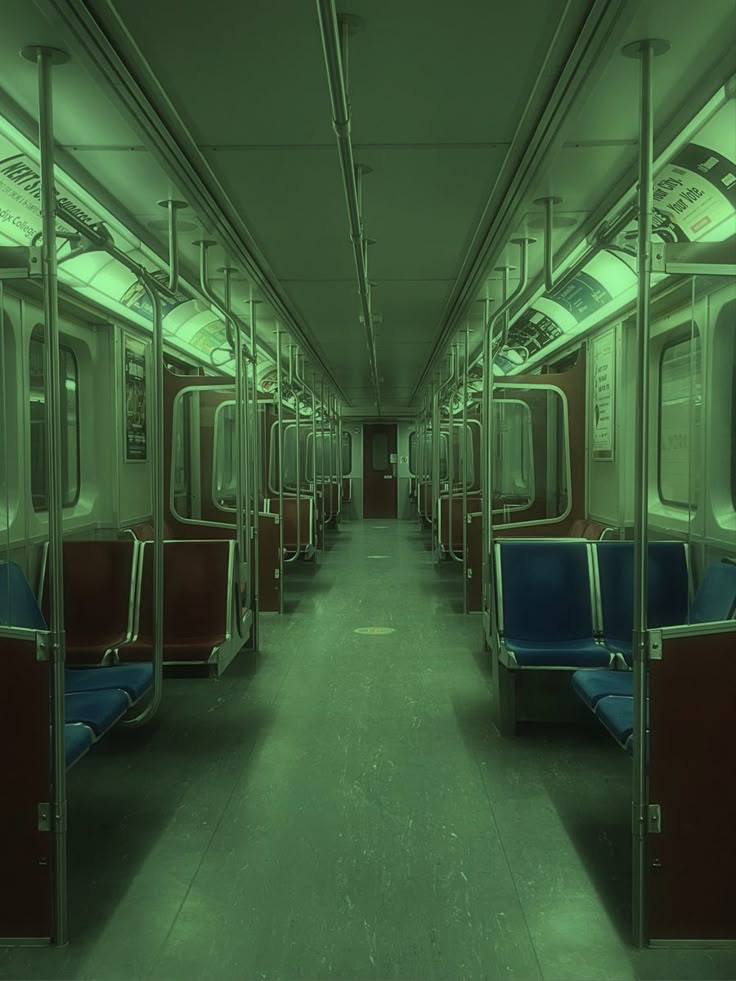 an empty subway car with blue seats and green lights on the ceiling, in a dark room