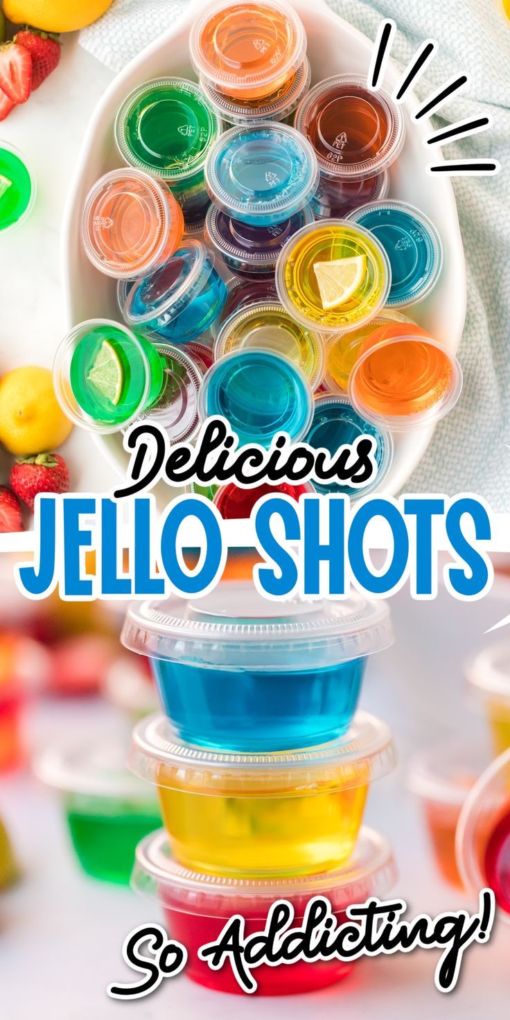 colorful jello shots in plastic containers with the words delicious jello shots on top