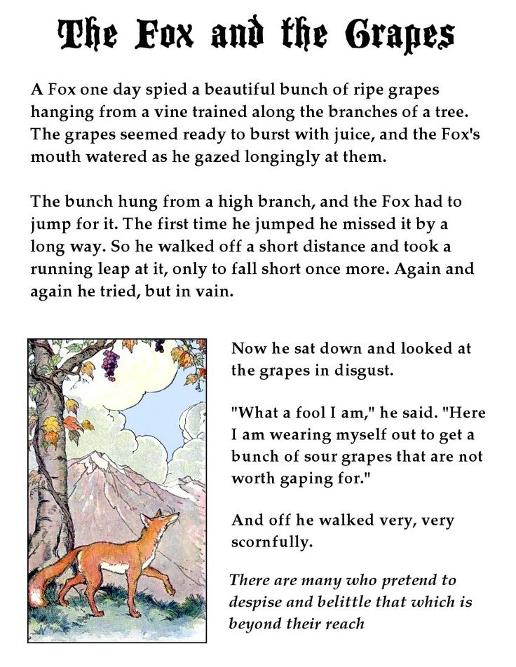 the fox and the grapes book page with an image of a fox standing next to a tree