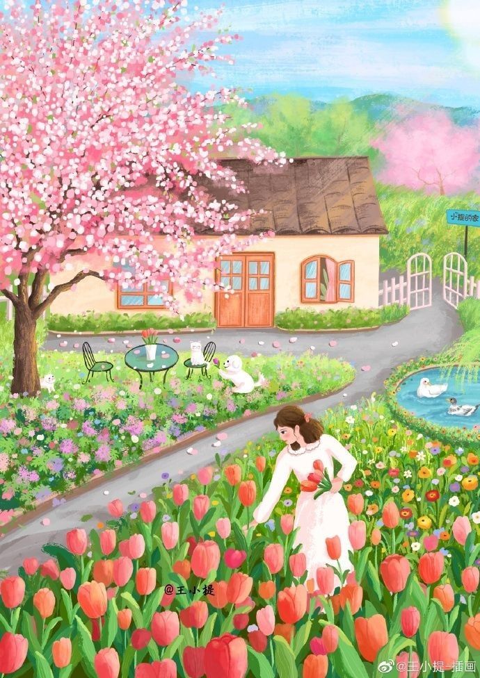 a painting of a woman in a field with flowers and a house on the other side