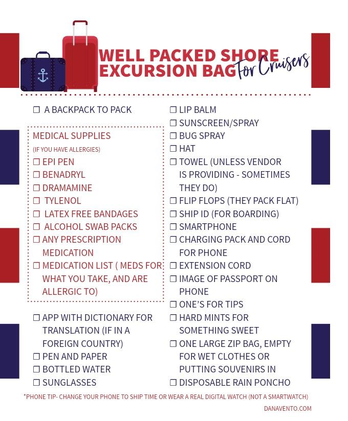 the well packed shore excursion bag list is in red, white and blue with an anchor on it