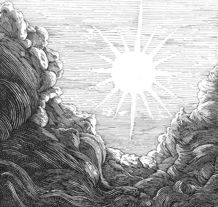 the sun shining over an ocean with waves in black and white, vintage engraved engraving