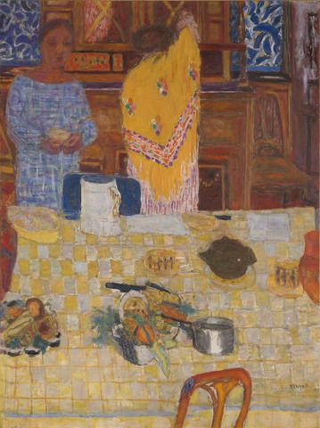 a painting of a woman standing in front of a table with food and utensils on it