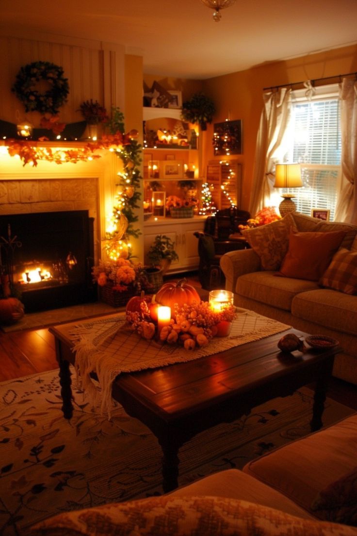 a living room filled with furniture and a fire place in front of a fireplace covered in candles