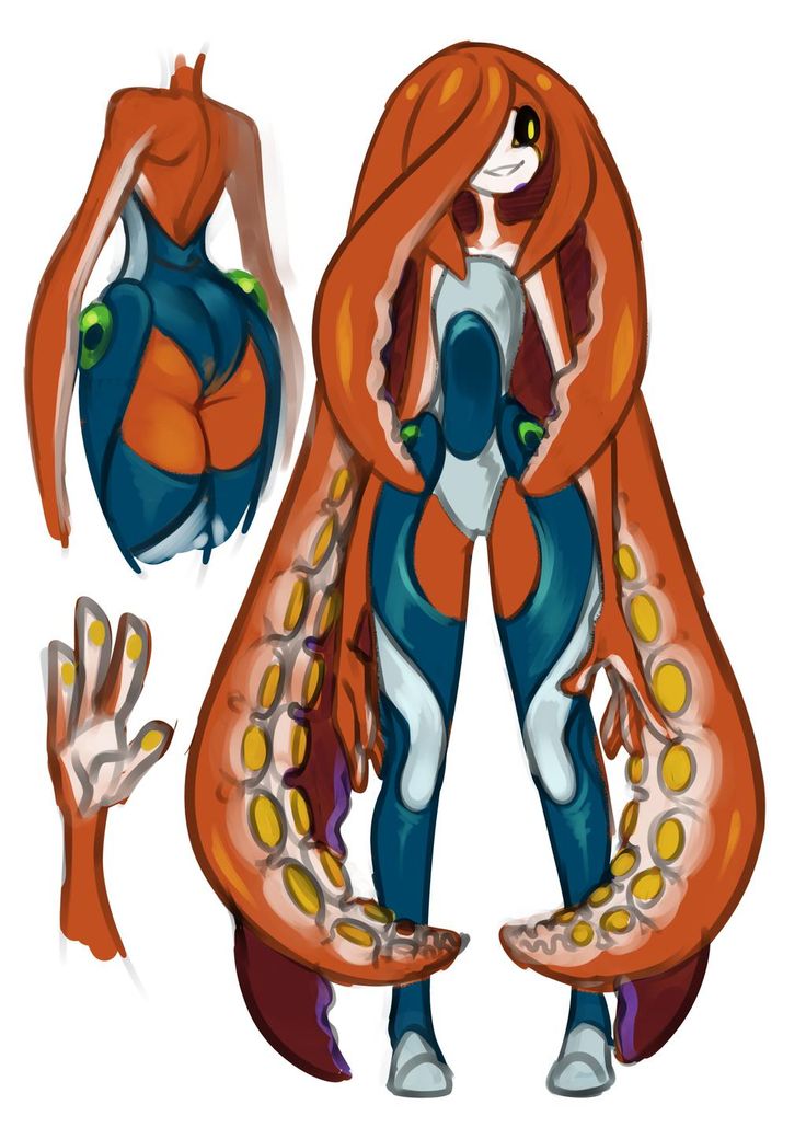 an orange and blue cartoon character with hands on her chest, holding something in one hand