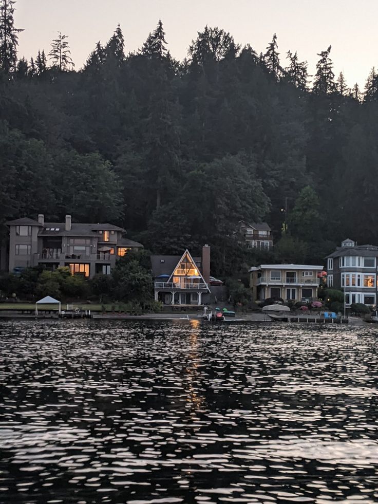 houses on the shore of a lake at dusk