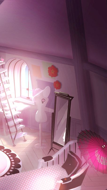 the room is filled with furniture and umbrellas in it's pink hued lighting