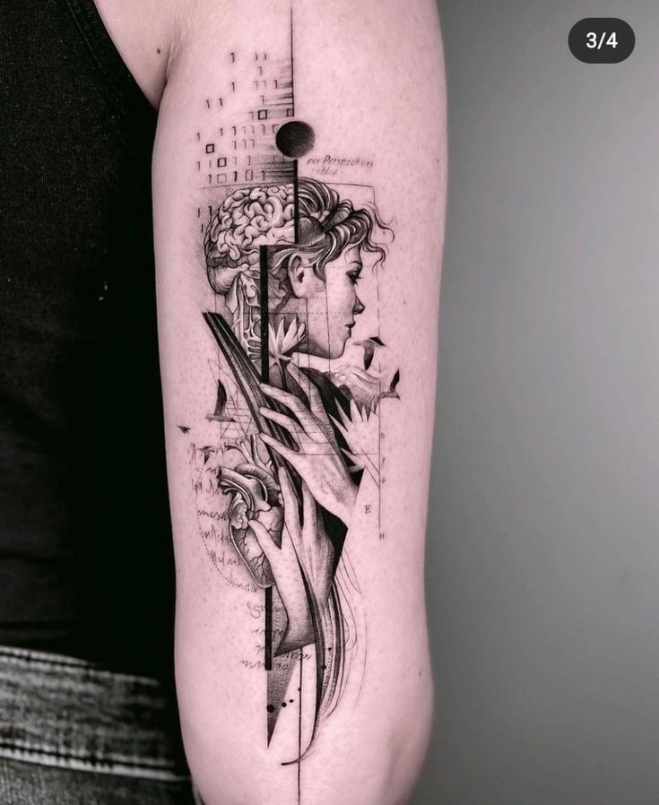 a woman's arm with an abstract tattoo design on the left side of her body