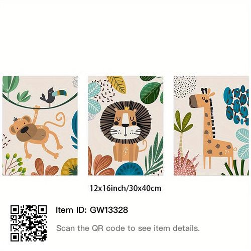 three pictures of animals and plants with qr code to see them details on the wall