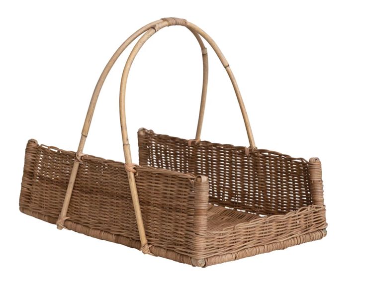 two brown wicker baskets with handles on each side, one is empty and the other has