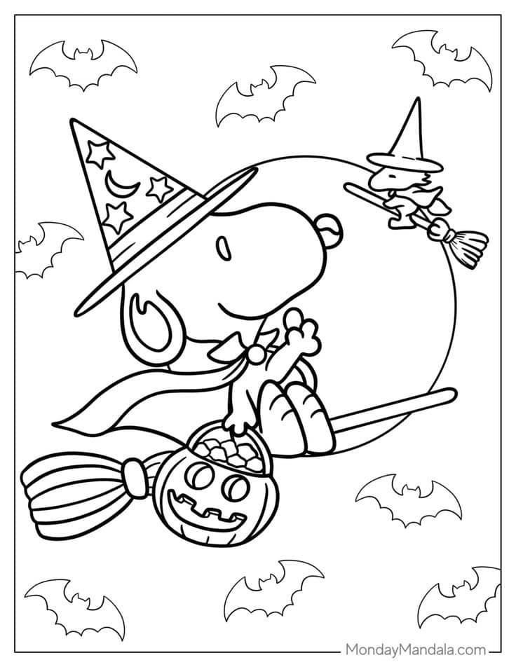 snoop halloween coloring page with pumpkins and witch hat on the broom in front of a full moon