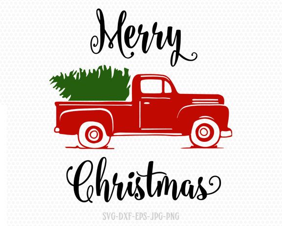 an old red truck with a christmas tree in the back and merry lettering on it