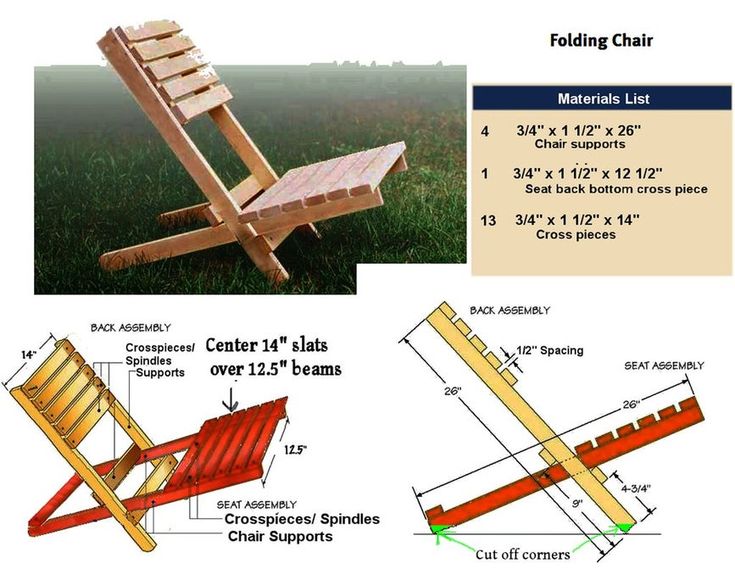 the plans for a folding chair are shown in three different sizes and colors, including one with