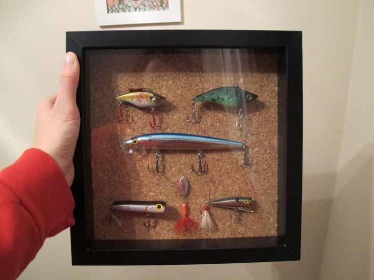 a person is holding up a shadow box with fishing lures in it and there are pictures on the wall above them