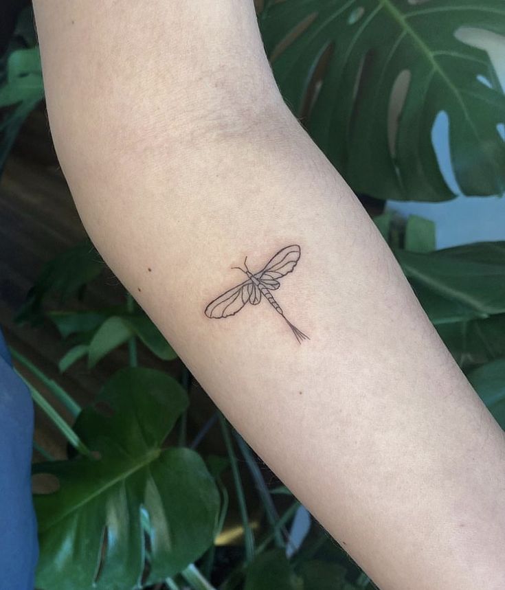 a small dragonfly tattoo on the arm