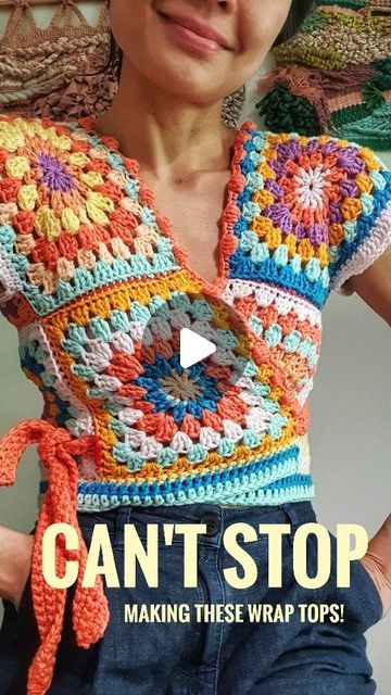 a woman wearing a crochet top with the words can't stop making these wrap tops