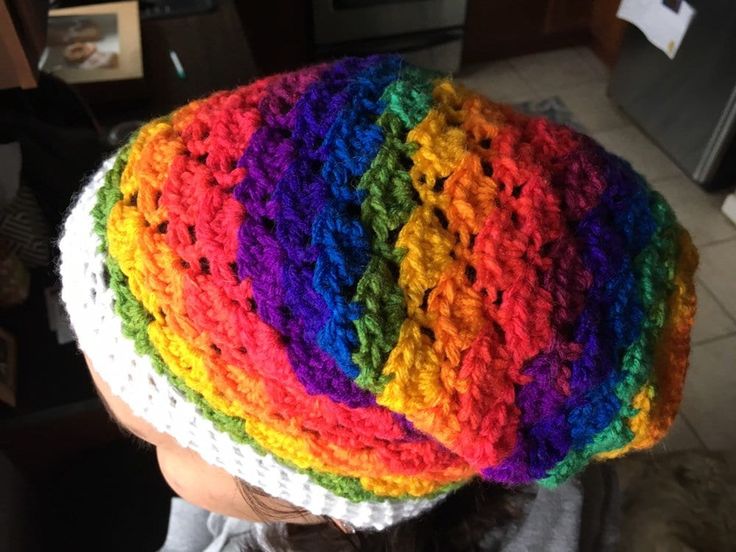 "Handmade crocheted rainbow slouchy hat. 9\" D/19\" C x 11\" L Stretchy" Crocheted Rainbow, Slouchy Hats, Crochet Knit Hat, Slouchy Hat, Denver Co, Wool Yarn, Denver, Knitted Hats, Crochet Blanket