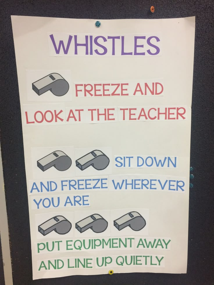 a sign posted on the side of a door that says, whistles freeze and look at the teacher