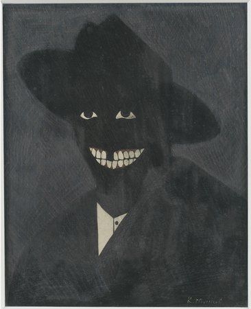 a painting of a man wearing a black hat and suit with teeth on it's face