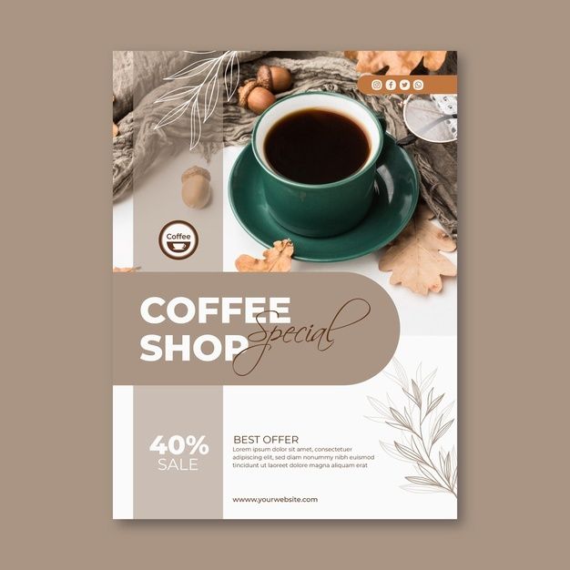 a coffee shop flyer with a cup of coffee