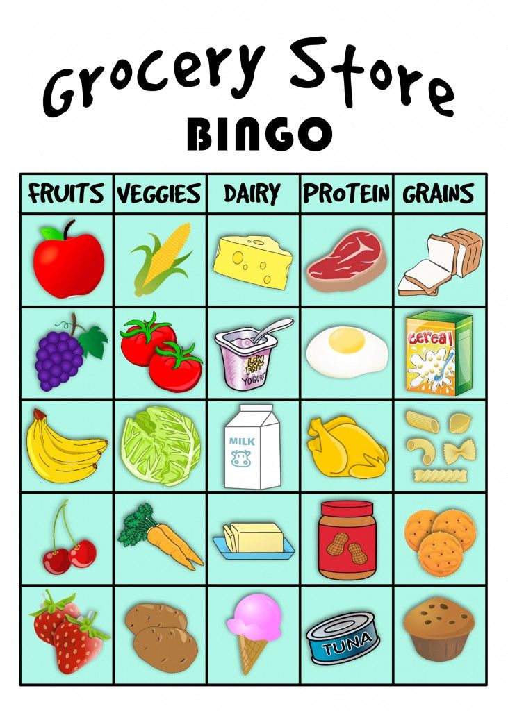 the grocery store bingo game is filled with fruits, veggies and protein grains