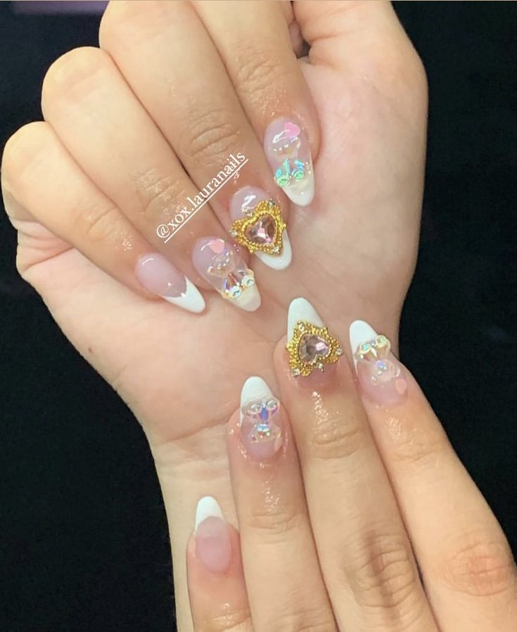 Short nails with charms french tips:) Short Almond Nails With Charms, Almond French Tip Nails With Charms, Cute Nail Charm Designs, Short Nail Charms, Nail Charms Short Nails, White French With Charms, Nails With Charms Short, Short Nails Charms, Almond Nails With Charms