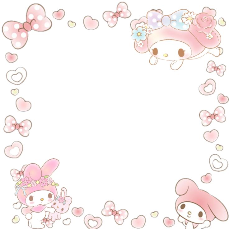 an image of hello kitty and bunny with hearts on the bottom left corner, in pink