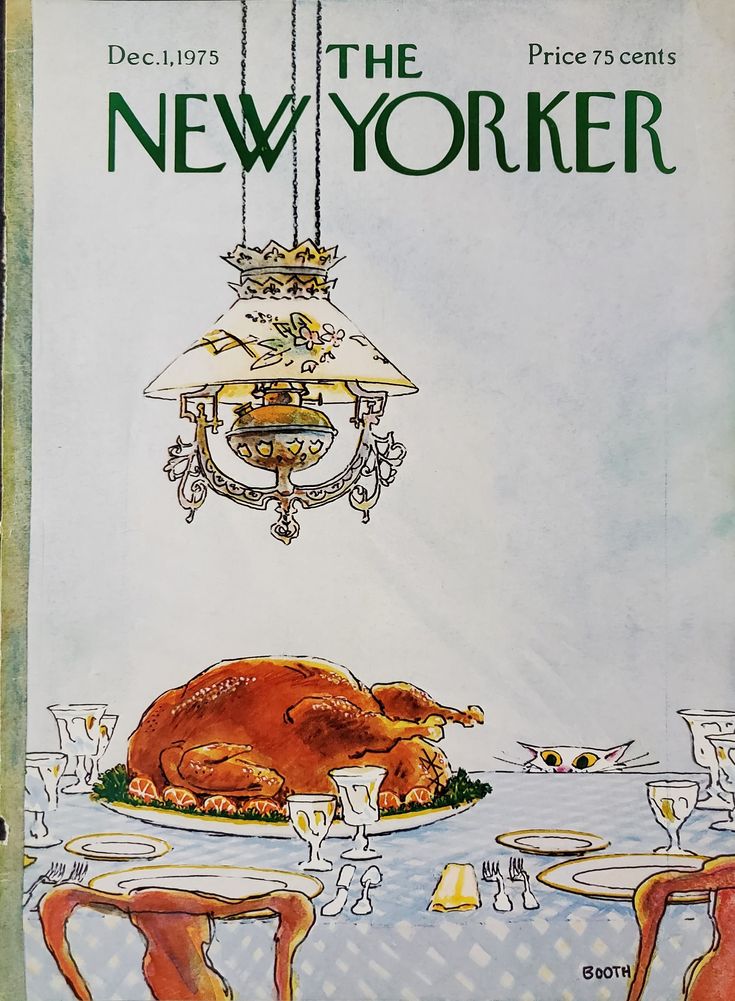 the new yorker magazine cover shows a turkey on a table with wine glasses and silverware