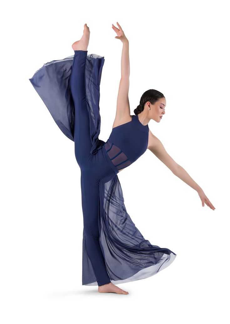 a woman in a blue leotard doing a dance pose